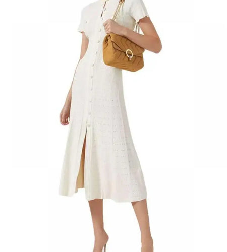 Korean Women's Red Round Neck Short Sleeve Split Knit Dresses Spring Summer Black White Single Breasted Holiday Long Dress 2024