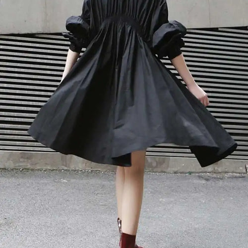 Load image into Gallery viewer, Women Blue Irregular Pleated Big Hem Shirt Dress New Stand Neck Long Sleeve Loose Fashion Tide Spring Autumn 2025 1DF9549
