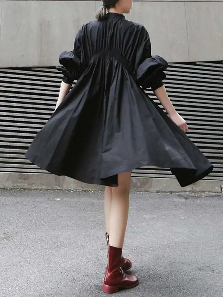 Women Blue Irregular Pleated Big Hem Shirt Dress New Stand Neck Long Sleeve Loose Fashion Tide Spring Autumn 2025 1DF9549
