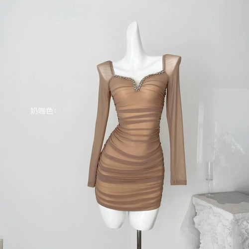 Load image into Gallery viewer, Autumn Vintage Fashion Black Mesh Square Neck Elegant Pleated Short Dress Women Brown Diamonds Long Sleeves Festival Party Dress
