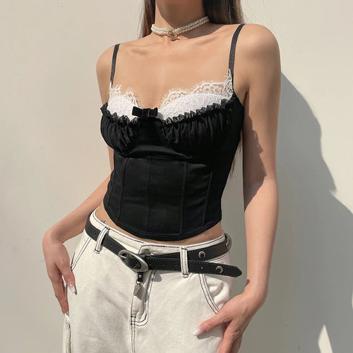 Load image into Gallery viewer, Chic Fashion Strap Lace Patched Frill Y2K Top Camisole Stitched Ruffles Bow Summer Cropped Bustier Top Contrast Color
