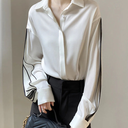 Load image into Gallery viewer, Loose Straight Shirt For Women Lapel Lantern Sleeve Patchwork Colorblock Single Breasted Blouses Female Clothes Fashion
