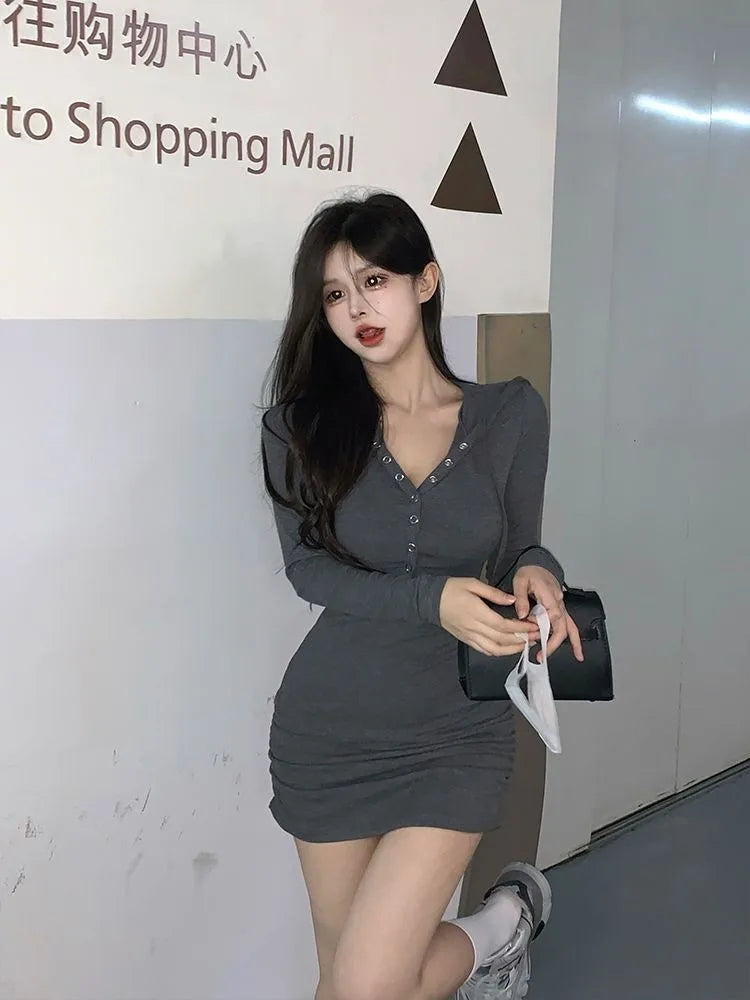 Hooded Bodycon Dress Women Casual Sport Streetwear Wrap Long Sleeve Mini Short Dresses Autumn Button