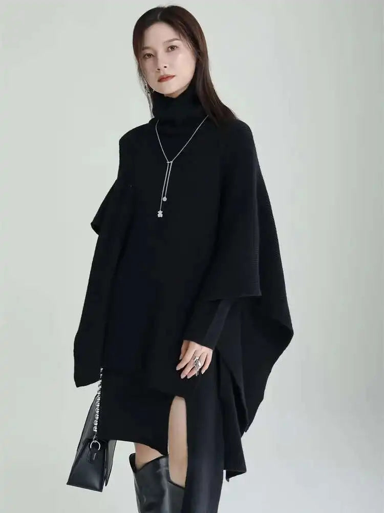 Women Gray Irregular Design Knitting Dress New Turtleneck Long Sleeve Loose Fit Fashion Tide Spring Autumn 2025 1DF2618