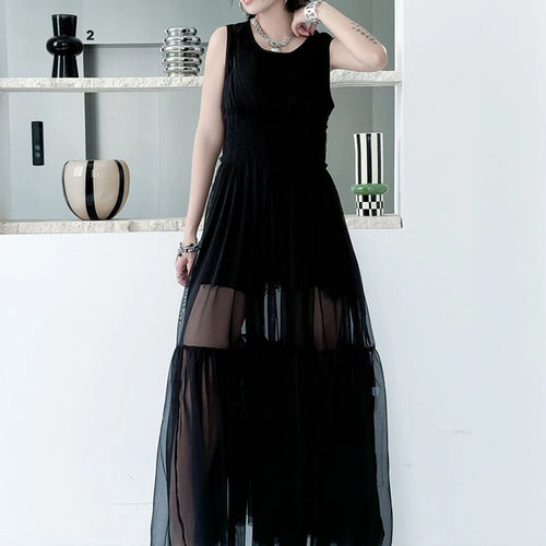 Load image into Gallery viewer, Women Black Mesh Perspective Elegant Spaghetti Strap Dress New V-Neck Sleeveless Fashion Tide Spring Summer  2025 1DJ0845
