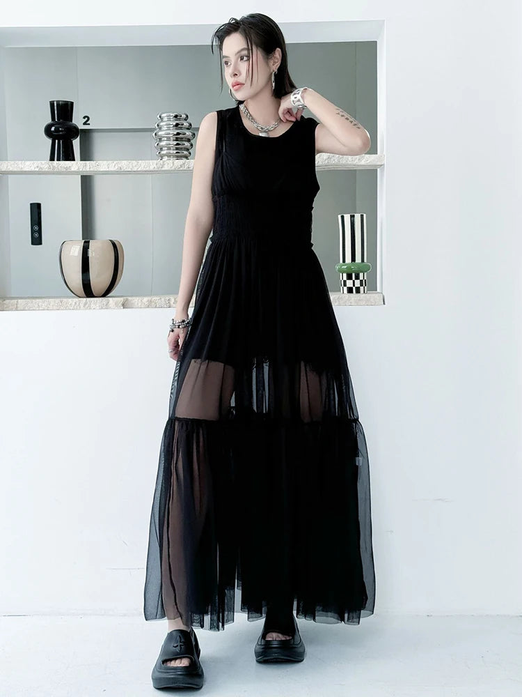 Women Black Mesh Perspective Elegant Spaghetti Strap Dress New V-Neck Sleeveless Fashion Tide Spring Summer  2025 1DJ0845