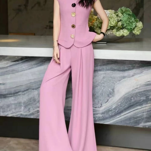 Load image into Gallery viewer, Slimming Two Piece Sets for Women Round Neck Sleeveless Spliced Buttons Top High Waist Wide Leg Pant Set Female New
