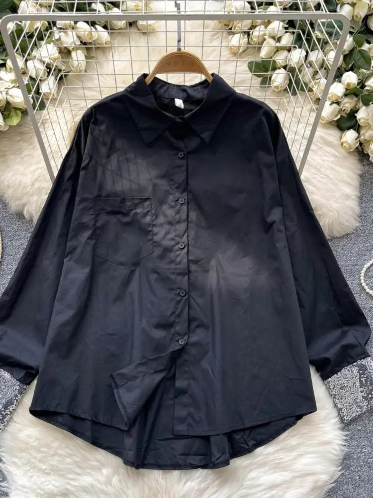 Autumn French Fashion Black White Patchwork Single Breasted Shirt Women Long Sleeves Tops Versatile Blouse Trendy Casual Popular