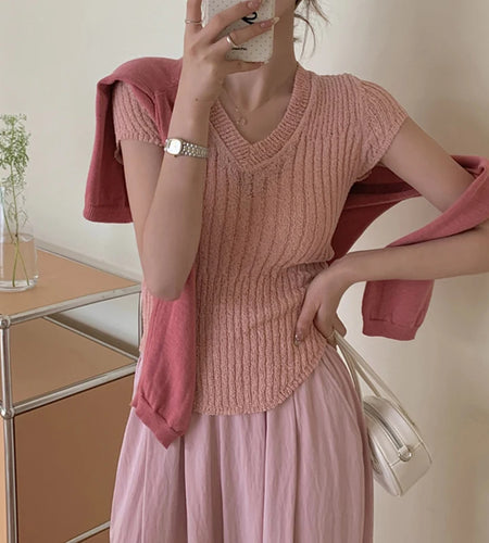 y2k Summer Tops for Women Solid Color V Neck Short Sleeve Ribbed Knitted T Shirts 2000s Aesthetic Clothing Streetwear