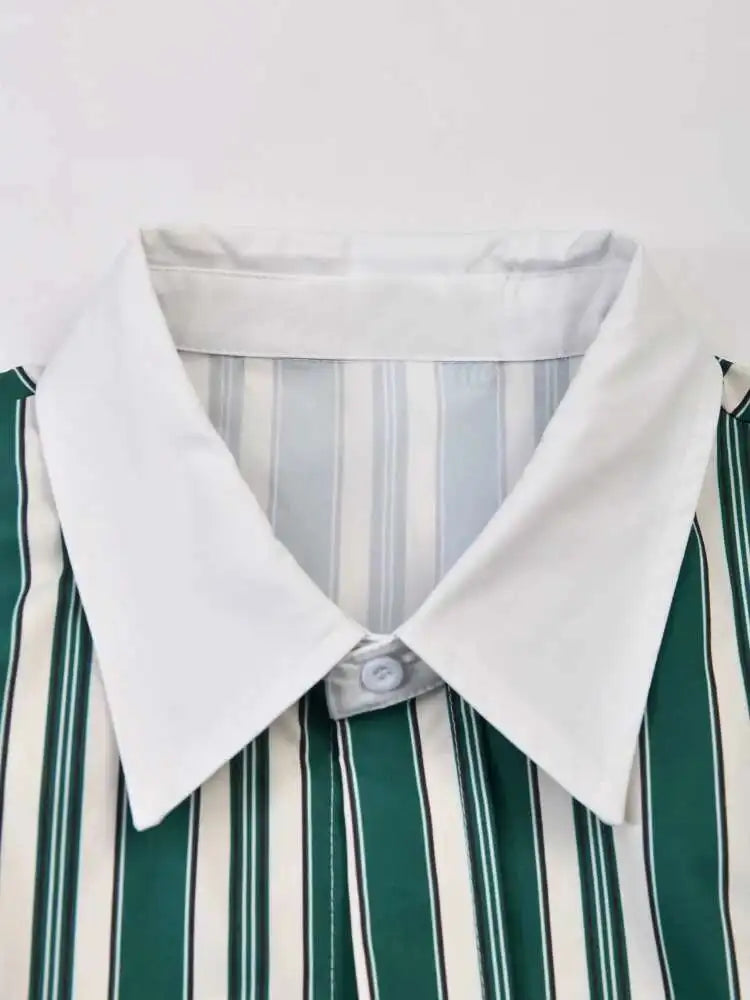 Women Green Striped Big Size Vintage Blouse New Lapel Long Sleeve Loose Fit Shirt Fashion Tide Spring Autumn 2025 CPG0669