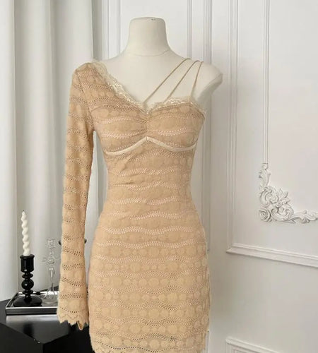 French Retro Women Khaki Lace Slim Backless Mini Dress Autumn Winter Off Shoulder Sexy Club Long Sleeved Short Dress Fashion New