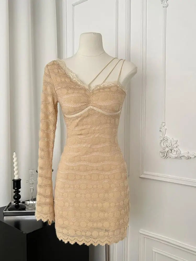 French Retro Women Khaki Lace Slim Backless Mini Dress Autumn Winter Off Shoulder Sexy Club Long Sleeved Short Dress Fashion New