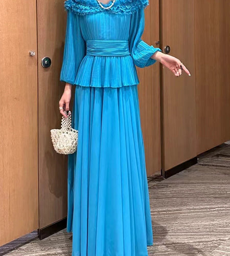 Solid Spliced Ruffles Loose Dresses For Women O Neck Long Sleeve High Waist Temperament Long Dress Female Fashion