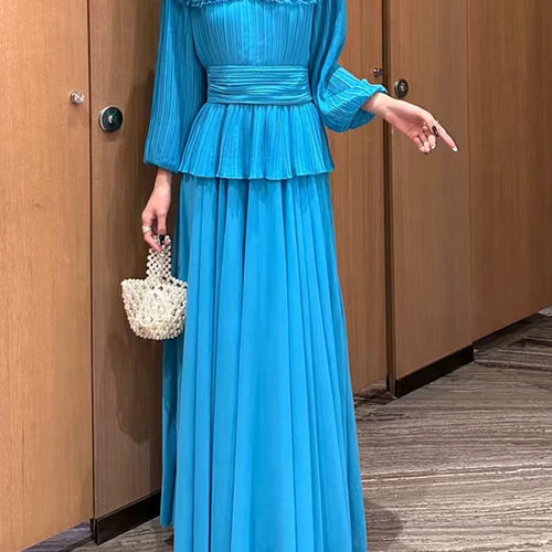 Load image into Gallery viewer, Solid Spliced Ruffles Loose Dresses For Women O Neck Long Sleeve High Waist Temperament Long Dress Female Fashion
