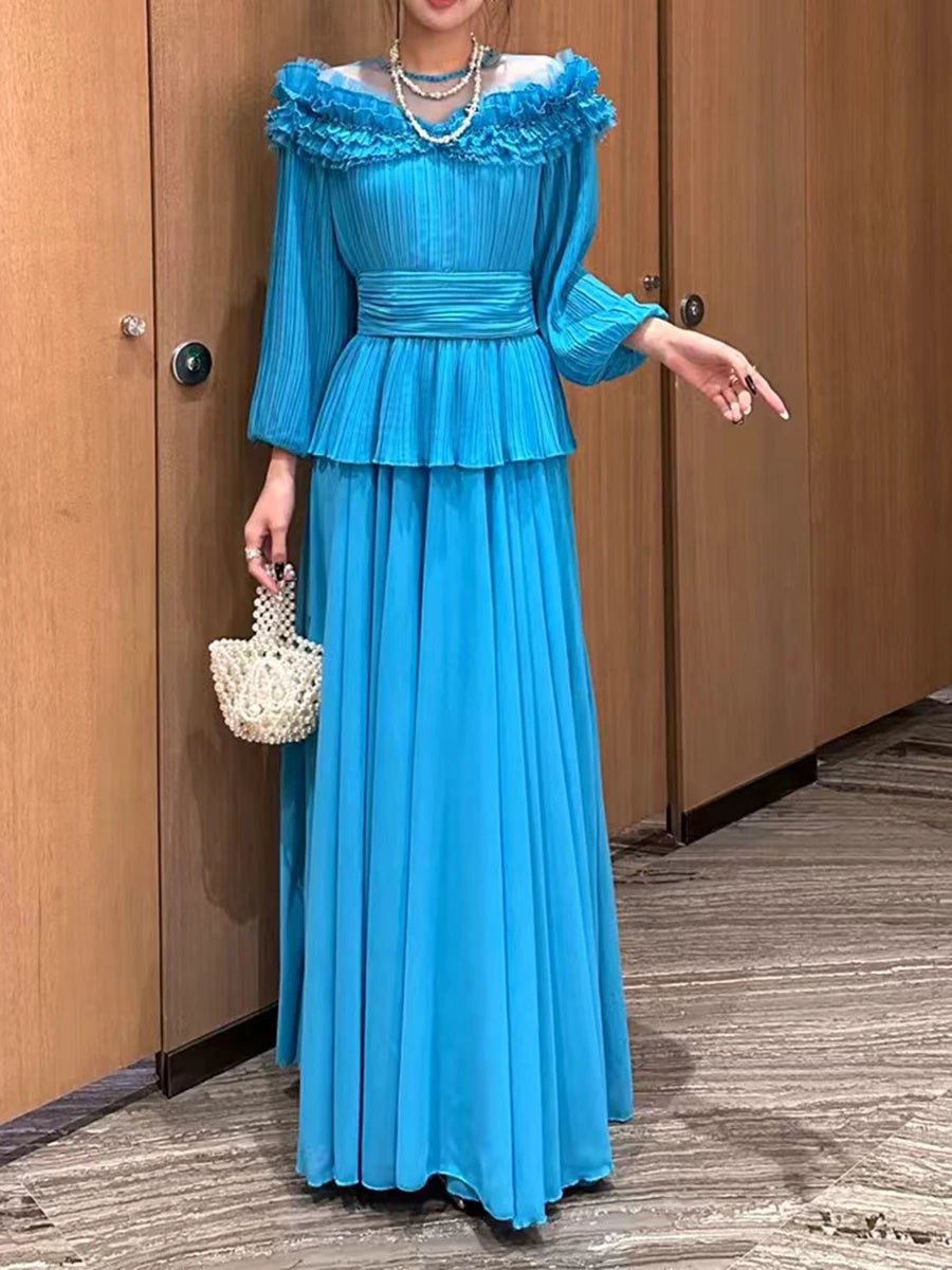 Solid Spliced Ruffles Loose Dresses For Women O Neck Long Sleeve High Waist Temperament Long Dress Female Fashion