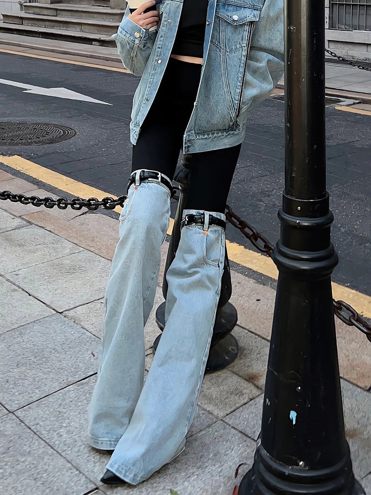 Hit Color Patchwork Denim Trousers For Women High Wiast Spliced Pocket Temperament Wide Leg Pants Female Fashion