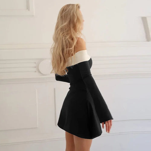 Load image into Gallery viewer, Off-shoulder Long Sleeve Mini Dress For Women Autumn Winter New Patchwork Strapless Backless A-line Sexy Dress Elegant
