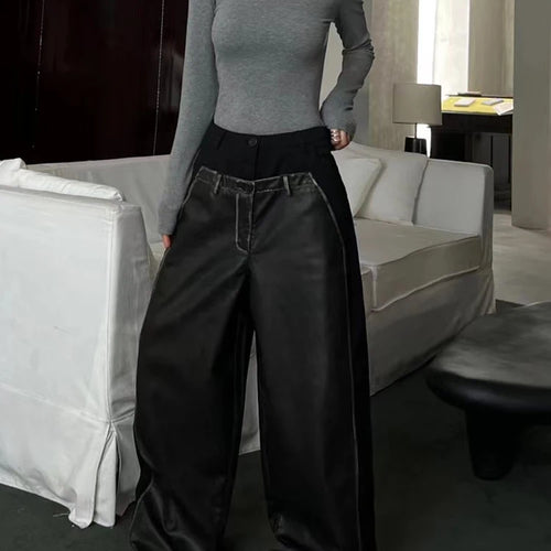 Load image into Gallery viewer, Colorblock Casual Loose Patchwork Leather Pants For Women High Waist Spliced Button Vintage Wide Leg Pant Female
