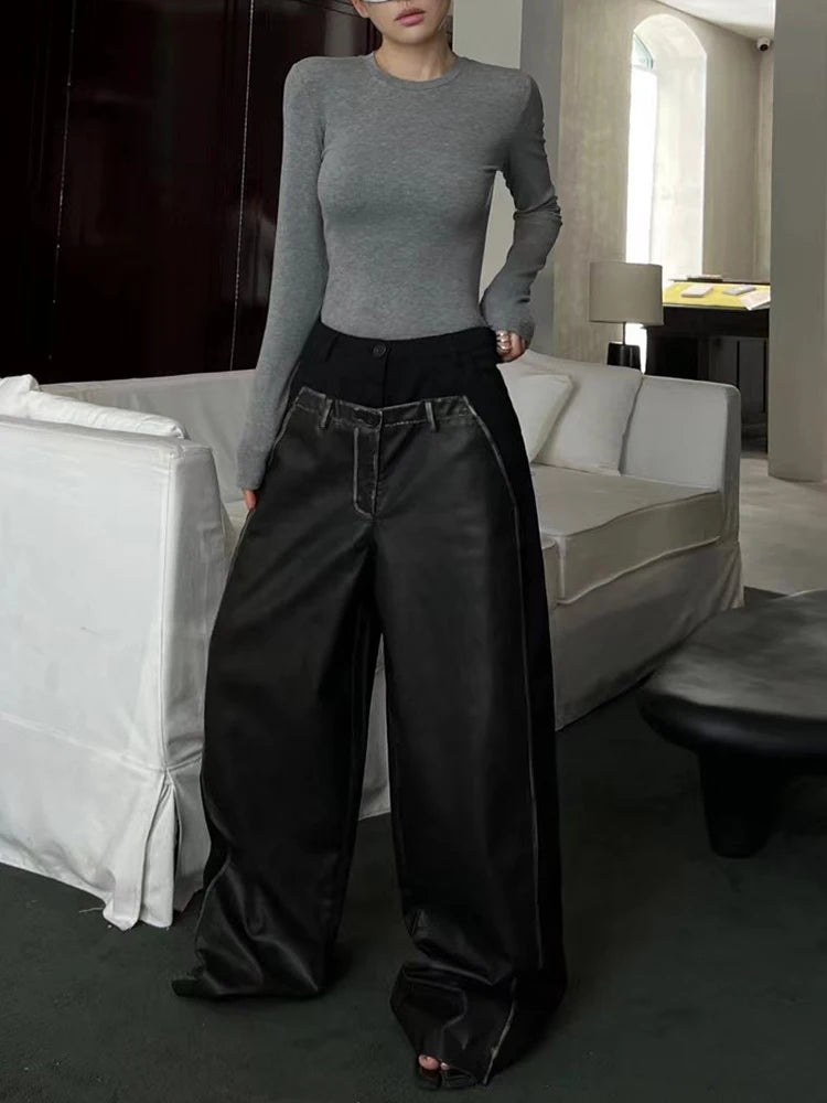 Colorblock Casual Loose Patchwork Leather Pants For Women High Waist Spliced Button Vintage Wide Leg Pant Female