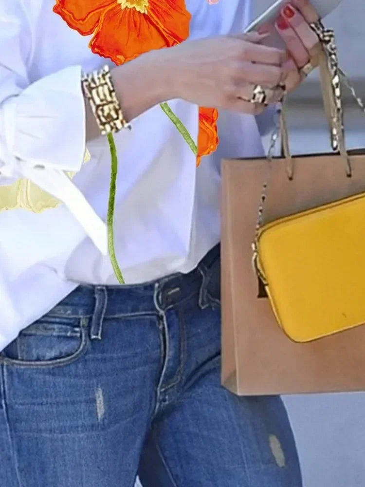 Spring Summer Floral Printed Lapel Blouses For Women Flared Sleeves Buttoned Urban Casual Shirts Tops