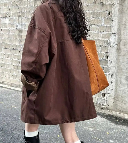 Loose Fit Brown Big Size Casual Jacket New Stand Collar Long Sleeve Women Coat Fashion Tide Spring Autumn 2025 1DH1704