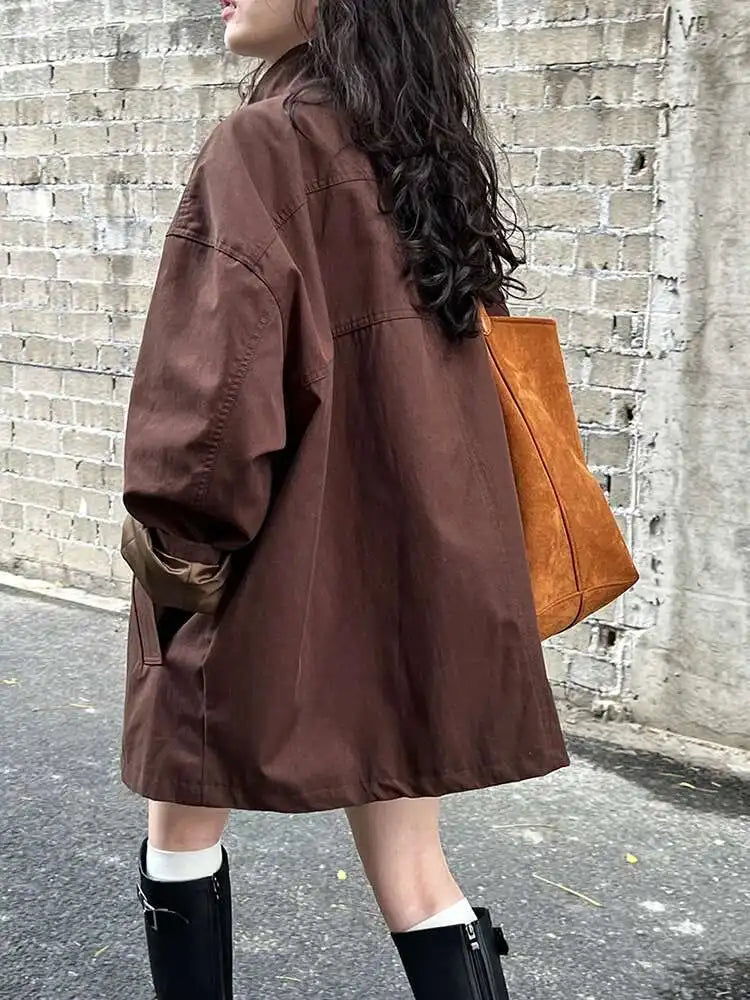 Loose Fit Brown Big Size Casual Jacket New Stand Collar Long Sleeve Women Coat Fashion Tide Spring Autumn 2025 1DH1704