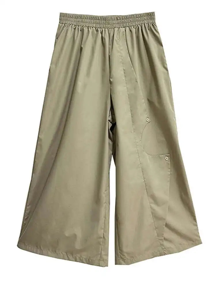 High Elastic Waist Khaki Irregular Button Wide Leg Pants New Trousers Women Fashion Tide Spring Autumn 2025 1DH5684
