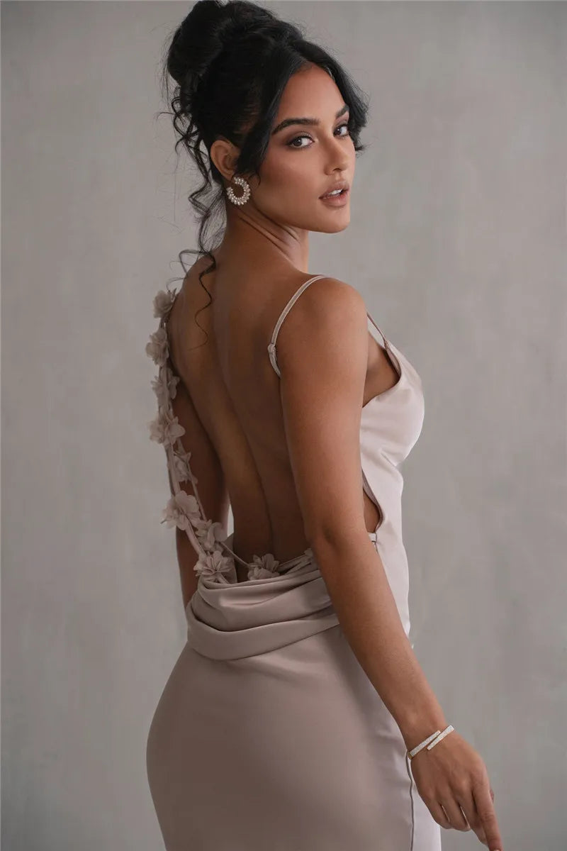Floral Draped Backless Maxi Long Dress For Women Fashion Spaghetti Strap Sleeveless Bodycon Evening Party Dress Elegant