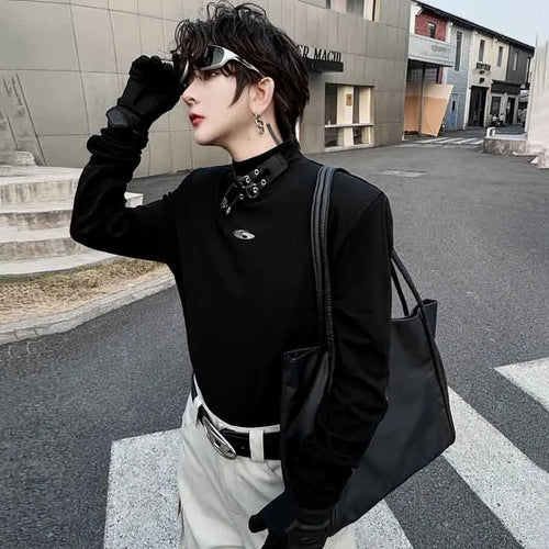 Load image into Gallery viewer, Men Long Sleeve Tops Solid Color Mock Neck Buckle Design Printing Male T-shirt Chic Men&#39;s Tees Personality Autumn 9C4637
