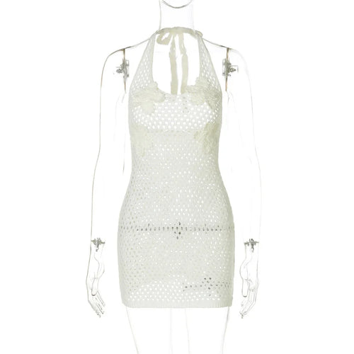 Load image into Gallery viewer, Hollow Out Beach Knit Sexy Mini Dress Women Elegant Halter Lace-up Sleeveless Backless Vacation Club Party Dress
