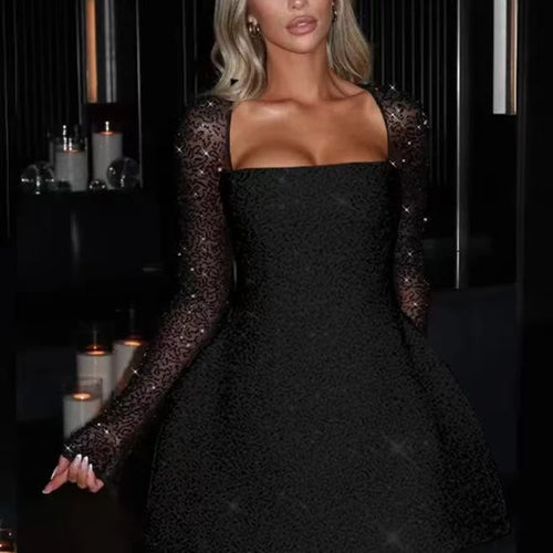 Load image into Gallery viewer, Sequins Long Sleeve Backless Sexy Mini Dress Women Robe Fashion Sparkle Lace-up High Waist A-line Club Dress Vestido
