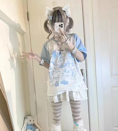 Oversized T Shirts for Women Summer Tees Y2k Tops Short Sleeve O-neck Anime Print Camisetas Casual Chic Cute Japanese T-shirts