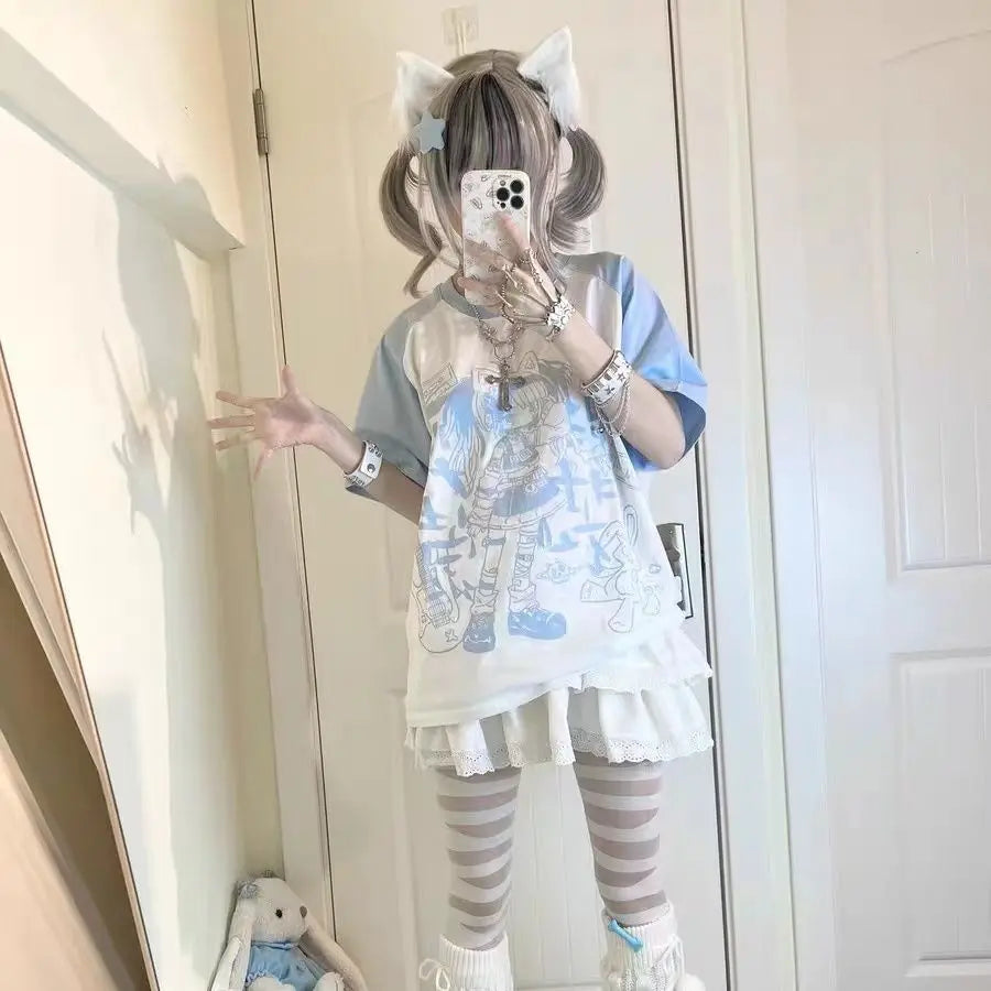 Oversized T Shirts for Women Summer Tees Y2k Tops Short Sleeve O-neck Anime Print Camisetas Casual Chic Cute Japanese T-shirts