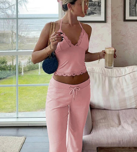 Casual 2 Pcs Sets Halter Solid Patchwork Bandage Sexy Crop Camis Drawstring Flare Pants Y2K Outfit Party Festival