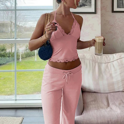 Load image into Gallery viewer, Casual 2 Pcs Sets Halter Solid Patchwork Bandage Sexy Crop Camis Drawstring Flare Pants Y2K Outfit Party Festival
