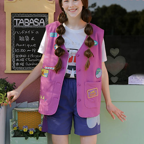 Load image into Gallery viewer, Cartoon Appliques Tassel Casual Women Jackets Vests Summer Sleeveless V-neck Single-breasted Korean Fashion Ladies Coats
