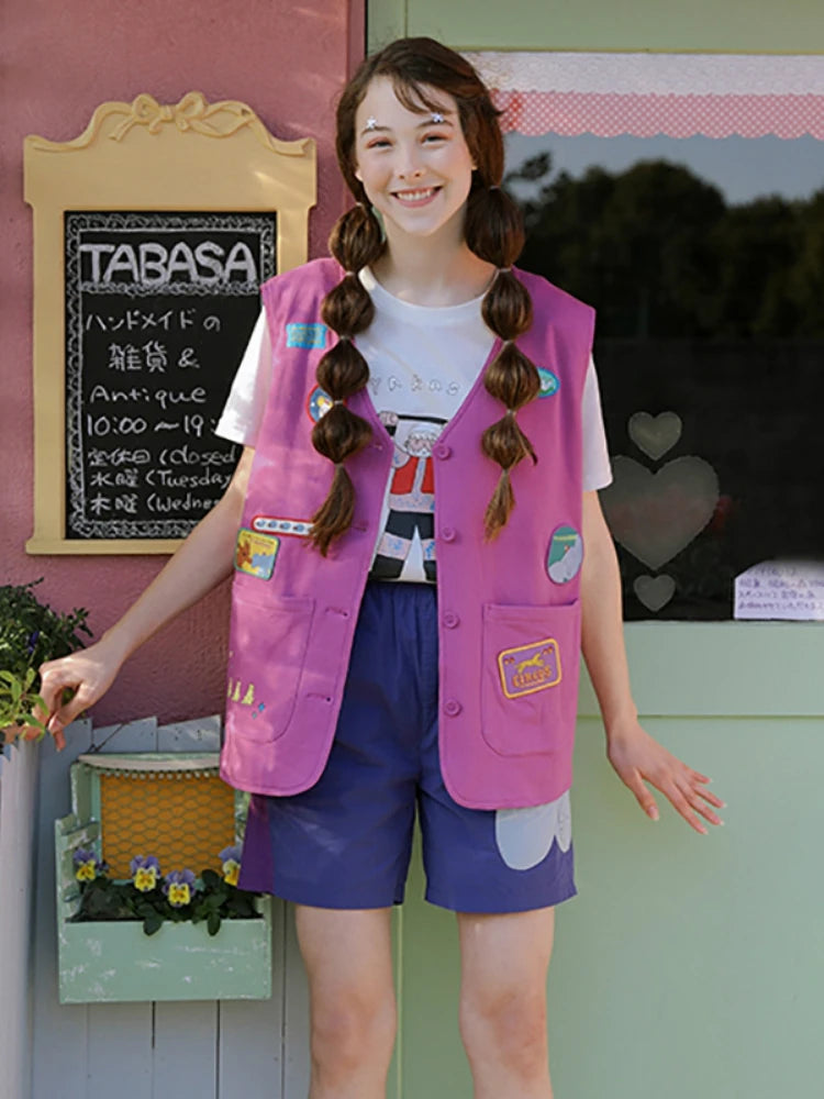 Cartoon Appliques Tassel Casual Women Jackets Vests Summer Sleeveless V-neck Single-breasted Korean Fashion Ladies Coats