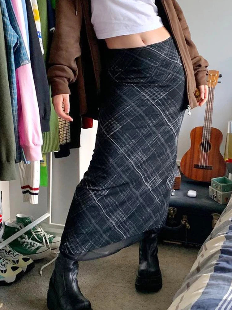 Vintage Y2K Low Waist Plaid Mesh Skirt 90s Aesthetic Double Layer