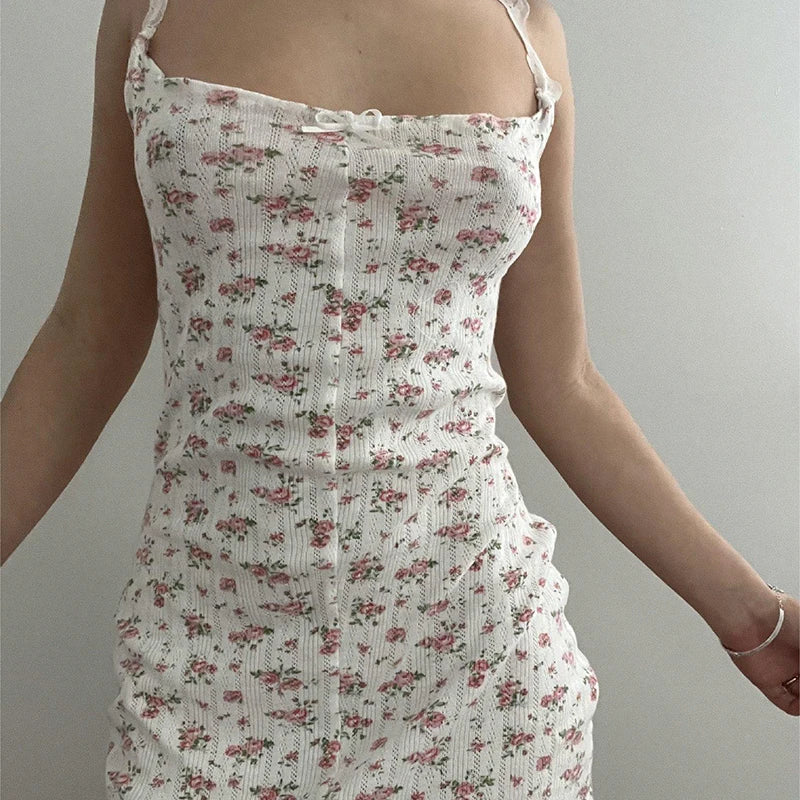 Sweet Small Flowers Printing Summer Dress Women Bow Korean Style Lace Trim Mini Dress Coquette Clothes Cutecore Beach