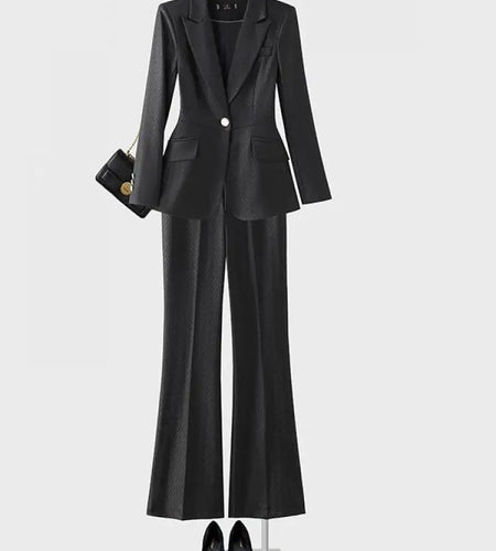 Autumn Winter Women Solid Elegant Office Lady Blazers Tops And High Waisted Wide Leg Pants Fashion Casual Two Pieces Set Clothes