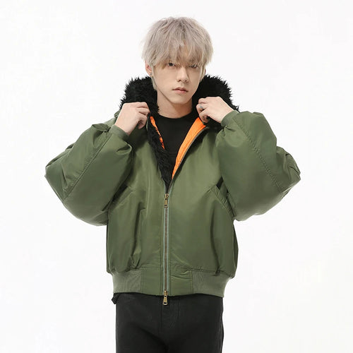 Load image into Gallery viewer, Korean Style Men&#39;s Cotton Coats Fur Collar Hooded Casual Menswear Solid Color Zipper Patchwork Male Padded Jackets 9C9223
