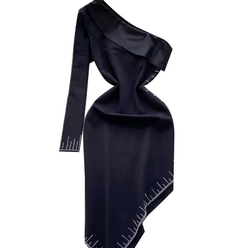 Load image into Gallery viewer, Korean Autumn Black Elegant Diagonal Collar Irregular Midi Dress Women Off Shoulder Long Sleeves Festival Sundress Fashion Trend
