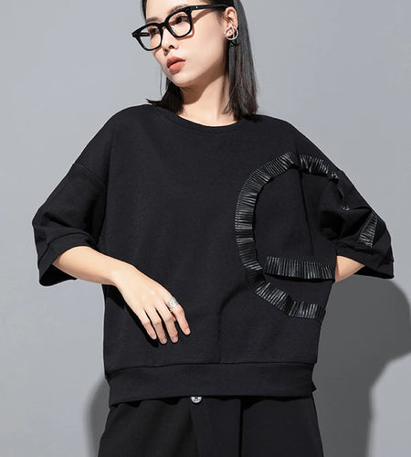 Women Black Ruffles Irregular Spliced Big Size T-shirt New Round Neck Long Sleeve Fashion Tide Spring Autumn 2025 1DJ1267