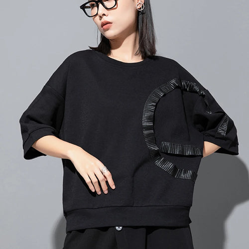 Load image into Gallery viewer, Women Black Ruffles Irregular Spliced Big Size T-shirt New Round Neck Long Sleeve Fashion Tide Spring Autumn 2025 1DJ1267
