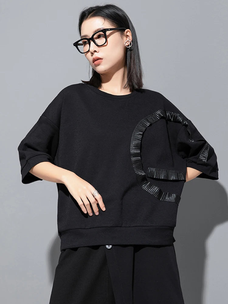 Women Black Ruffles Irregular Spliced Big Size T-shirt New Round Neck Long Sleeve Fashion Tide Spring Autumn 2025 1DJ1267