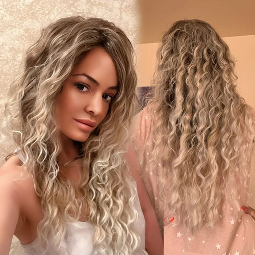 Load image into Gallery viewer, Synthetic Long Blonde Wigs for Women Natural Hair Curly Wig with Bangs Ash Blond Curly Wave Fluffy Wigs+Tattoo Sticker
