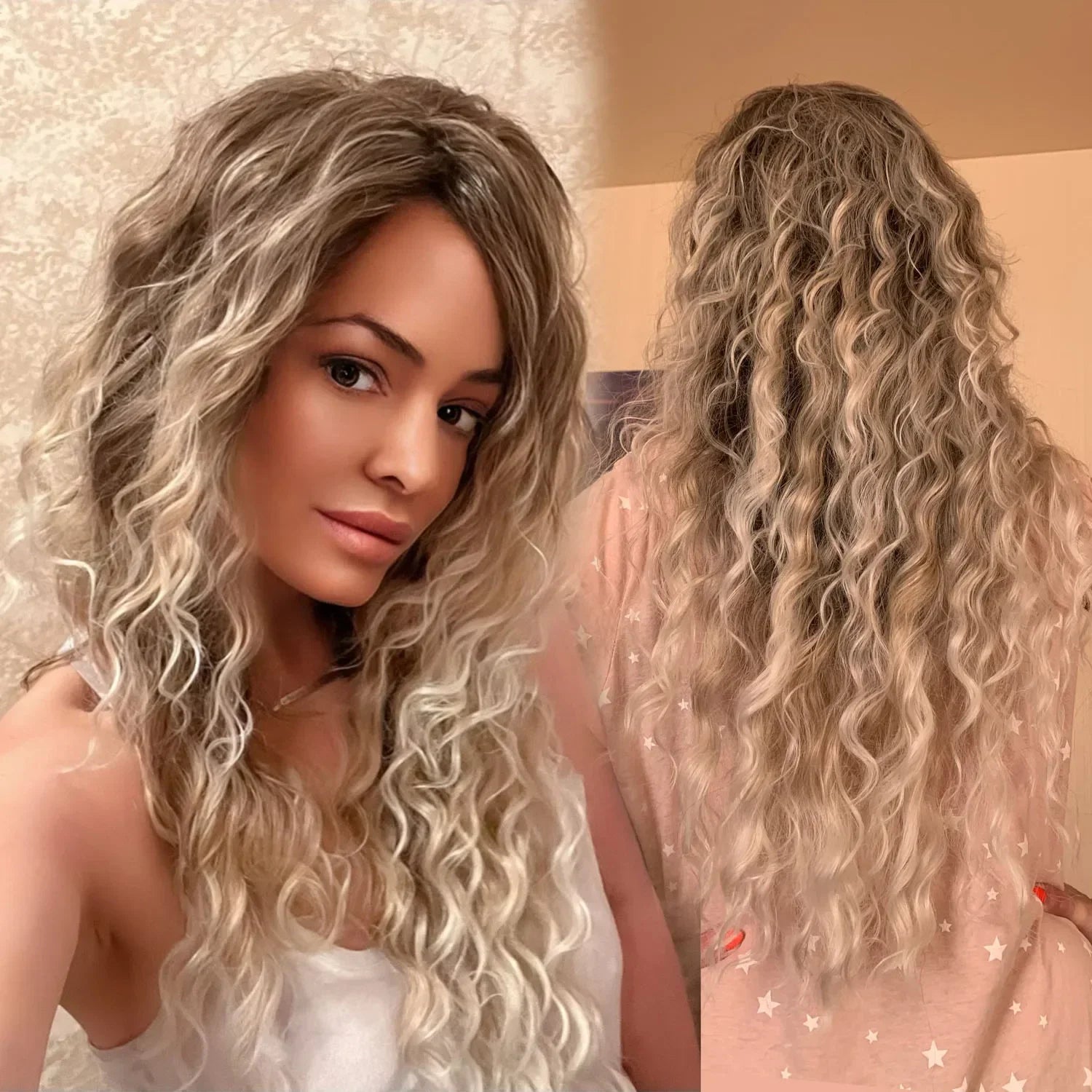 Synthetic Long Blonde Wigs for Women Natural Hair Curly Wig with Bangs Ash Blond Curly Wave Fluffy Wigs+Tattoo Sticker