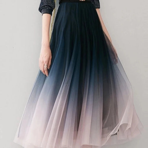 Load image into Gallery viewer, Elegant Tulle Skirts Women High Waist Gradient Mesh Pleated Midi Skirt Korean Elastic Loose Casual All Match A Line Skirt
