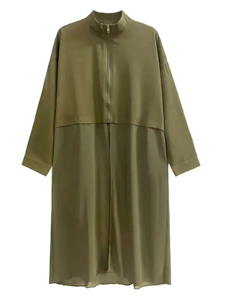 Women Army Green Big Size Mesh Long Trench New Stand Collar Long Sleeve Windbreaker Fashion Spring Autumn 2025 1DH4273