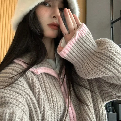 Load image into Gallery viewer, 2025 Preppy Contrast Color Cardigans Women Fashion Y2k Aesthetic Loose Knitted Sweaters New Harajuku Casual Single Brested Coat

